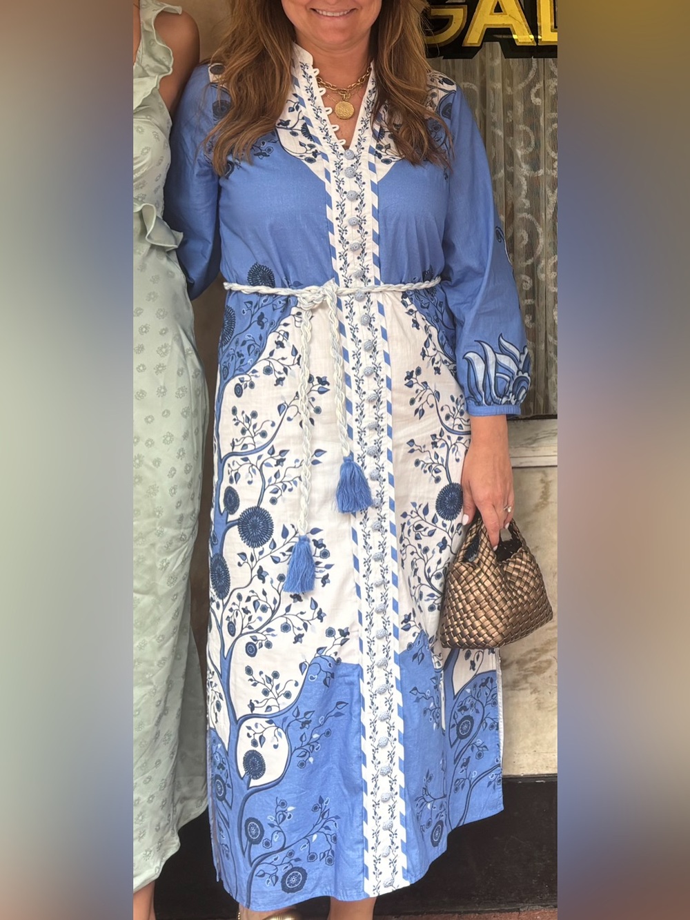 Blue & White Floral Maxi Dress with Tassel Tie
